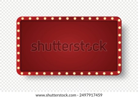 Retro light box frame border with 16:9 aspect ratio, red shining marquee banner for web, presentation, thumbnail, vector isolated, cut out.	