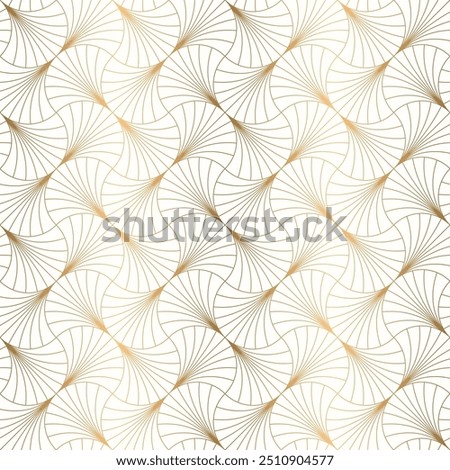 Luxurious art deco overlapping fan shape seamless pattern with gold line on white background, vector for wallpaper, fabric, tile, decoration and etc.