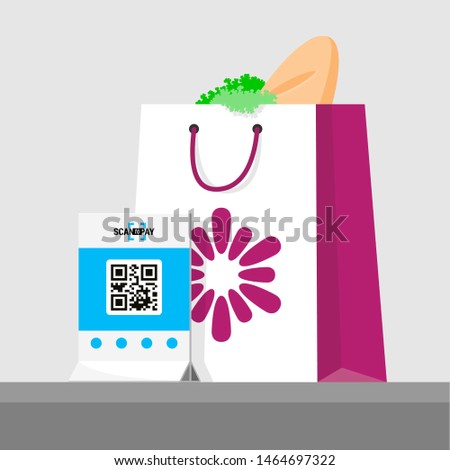 Purchase paid by qr code. Vector illustration of package with products in store. Flat isometric infographics. Scan qr code and online payment, money transfer. EPS10