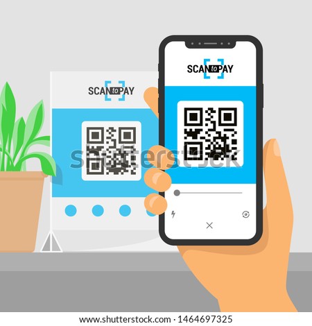 Screen smartphone with app in hand. Scanning qr code on table and online payment, money transfer. Illustration of flat style. Vector isometric infographics. EPS10