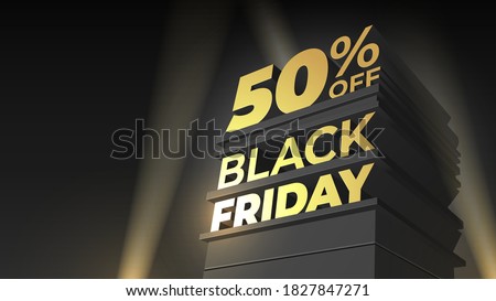Illustration for sale and discount BLACK FRIDAY with volumetric 3d letters, building and spotlight on night sky background. 50 fifty percent off. Vector template for flyer, shop, business, cards