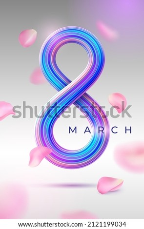 8 March greeting card template with 3d realistic number eight and rose petals. Happy International Womens Day. Multicolor vector illustration for poster, banner, social media. Spring holiday