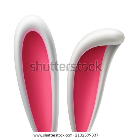 Vector template of 3D rabbit ears on an isolated background. Voluminous white ears of the Easter Bunny. Funny cartoon illustration for greeting card, banner