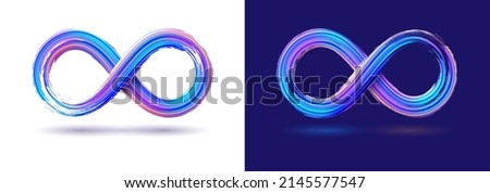 Isolated infinity symbol vector template on white and blue background. Realistic brush stroke effect. Illustration with number eight in bright neon paint for logo, branding