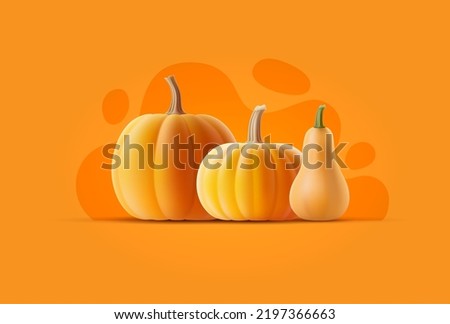Vector illustration of volumetric pumpkin on orange background. Isolated 3D squash template of different shapes and varieties for halloween autumn banner. Realistic gourd with shadow. Photo stock © 