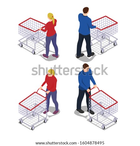 Men and women with shopping carts in isometric view. People with empty grocery carts go shopping.