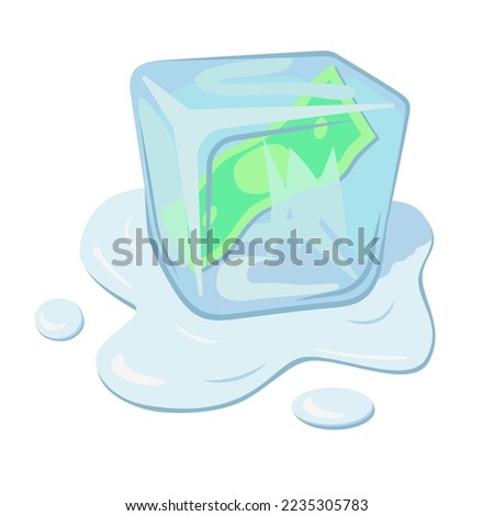 Dollar bill inside an ice cube. Frozen money in an ice cube and in a puddle is a symbol of stopped investments.