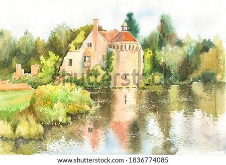 Old Skotney Castle, with its ivy tower, is reflected in the lake by the shore on a summer day. Drawing of the old castle of Scotney in watercolor on paper. England, Kent
