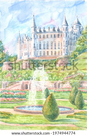 Dunrobin Castle, garden and fountain on a summer day are painted with watercolors on paper. The ancient historic Dunrobin Castle in Scotland. Art for travel design.