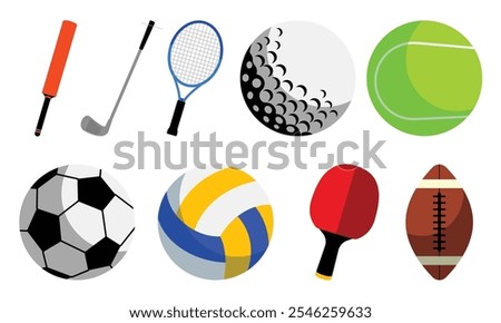 A vibrant collection of sports equipment and balls, including cricket, tennis, golf, soccer, volleyball, and ping-pong, designed in a clean and modern style.