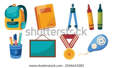 A colorful set of educational illustrations, including a backpack, book, compass, crayons, chalkboard, medal, and stationery. Perfect for school and academic projects.