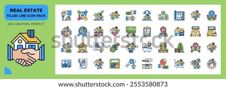 Real Estate Filled Line Icons Pack, Contain Such as Handover,Village,Garage and More