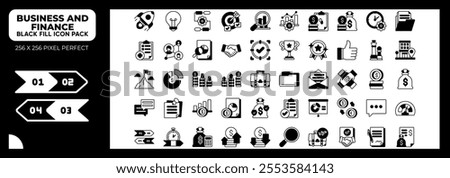 Business And Finance Black Fill Icons Pack, Contains Such Icons as rocket,finance,flowchart and more