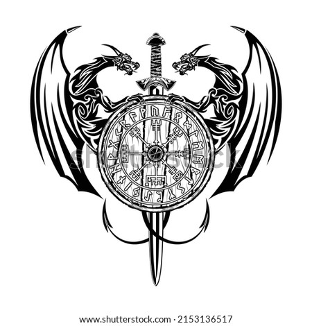 Two dragon battle shield and Viking sword. Magic Navigation Vikings Compass. Runic Talisman. Illustrations for t shirt print. Black Scandinavian tattoo.