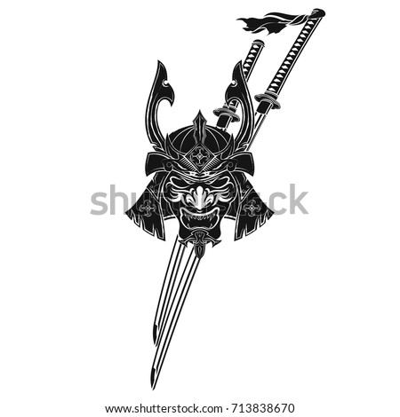A helmet and the Samurai's mask with katana and wakizashi vector illustration.
 Photo stock © 