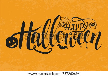 Vector Illustration of halloween on yellow background. Happy Halloween Text Banner. Poster on yellow background. Autumn poster with pumpkin, web, bat, spider.