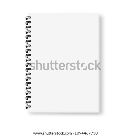 Realistic vector image (mock-up) of an open notepad isolated on white, top view. White sheets of notebook, fastened with a black spiral, shifted down and to the right, 3d. Vector EPS 10.