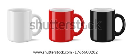 Vector realistic mockup (template, layout) of a mug for drinks perspective view. White, black, red blank isolated cup. EPS 10