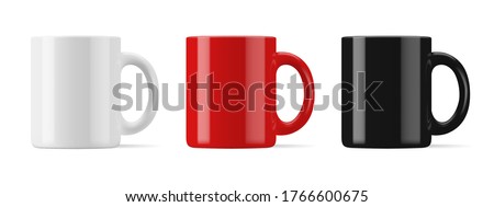 Vector realistic mockup (template, layout) of a mug for drinks front view. White, black, red blank isolated cup. EPS 10
