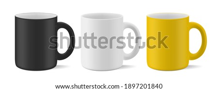 Vector realistic mockup (template, layout) of a matte mug for drinks perspective view. White, black, yellow blank isolated cup. EPS 10