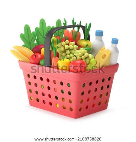 Shopping basket with groceries.  Full red plastic grocery or food cart with products in cartoon style, side view, isolated on white. 3d rendering. Imagine de stoc © 