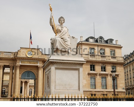 Sculpture in square near to the French National Assembly, Bourbon place in Paris, France.
