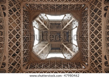 Internal view of Eiffel Tower, view from below upwards.