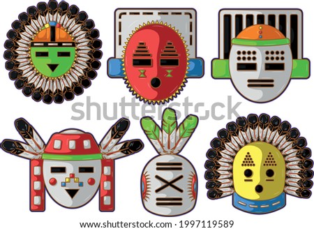 Ancient art based in Kachina dolls faces gods of hopi native american culture over white background. vector set