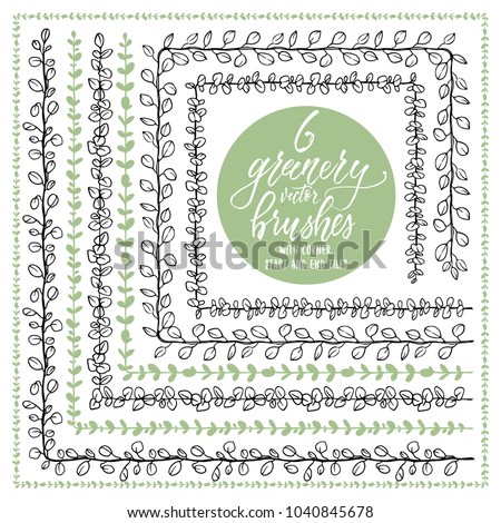 Set of hand drawn greenery vector pattern brushes with eucaliptus and other leaves and branches, with inner, outer, start and end tiles. For borders, frames, cards, banners