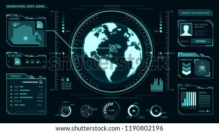 UI interface, earth globe, control center, command, game, vector with graphs