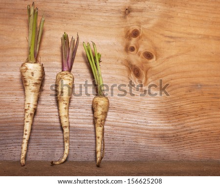 Three parsnips are arranged against a wooden board for a  background and texture.