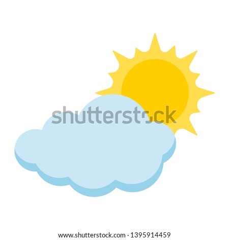 Сartoon style icon of sun with cloud isolated on white background. Illustration of sunny weather. Flat design vector simple sign cloud covered sun. Color  sun showing behind a cloud.
