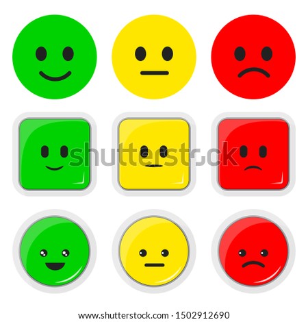 Vector set flat illustration of feedback rate icon, round square button. Kawaii emoticons positive, neutral and negative (red,yellow, green moods). Rating sign for customer opinion. Facial expressions