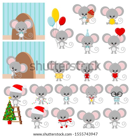 Cute mouse vector set isolated on white background - flat design cartoon character with ballons, cheese, medal, book, christmas tree, santa clause hat, birthday cap, gift, heart, coin, cup, garland.