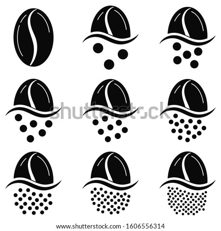 Coffee grind size chart grains icon set isolated on white background. Black and white coffee beans -  infographic elements of level grinding degree. Vector flat, simple drink design illustration.