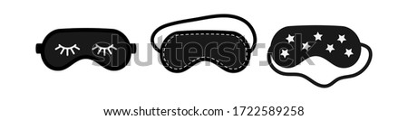 Black eye sleep mask set isolated on white background. Sleeping blind mask for resting decorated with closed eyes with eyelashes, decorative stitching and stars. Flat design vector illustration.