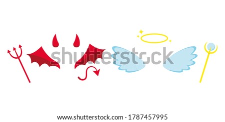 Angel and devil or demon costume attributes icon set isolated on white background - horns, light angel red evil wings, tail, halo, staff, trident sign. Flat design cartoon suit vector illustration.