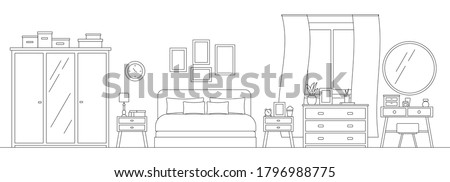 Cozy bedroom with furniture line art interior scene isolated on white background. Home room with black silhouete of bed wardrobe nightstands mirror lamp in linear style. Vector illustration.