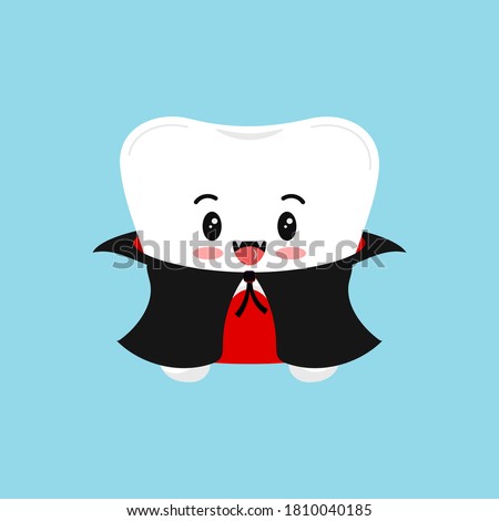 Cute tooth in dracula vampire costume isolated vector icon. White tooth in Halloween carnival costume- dental character for dentist halloween card. Flat design cartoon style dental illustration.