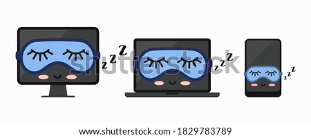 Sleeping off computer desktop, laptop, tablet pc or smartphone icon set isolated on white background. Asleep modern cute electronic devices with sleeping mask. Flat design vector illustration.