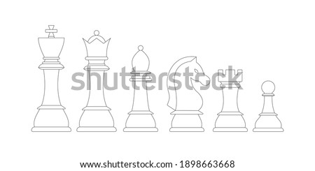 Chess pieces line vector icon set isolated on white background.  Lineart chess figures - king, queen, bishop, knight, rook, pawn strategic game disign elements. Flat design cartoon style illustration