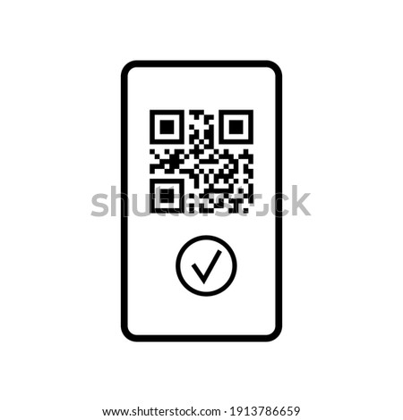 QR-code on mobile phone screen with check mark black icon. Digital data exchange app with qr code on-line tracking operation progress states. Flat design simple vector illustration.