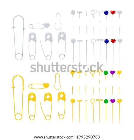 Safety iron fixing pin set isolated on white background. Silver and gold sewing safety pin collection. Flat design cartoon style vector  illustration.