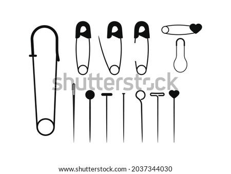 Safety fixing pin and needle black color set isolated on white background. Sewing safety pin haber collection. Flat design cartoon style vector  illustration.