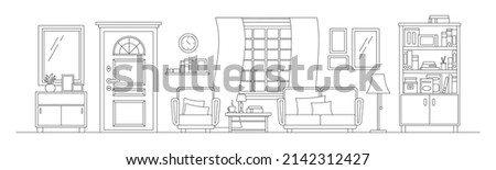 Cozy hall way living room with furniture line art interior scene isolated on white background. Home room with black silhouete of cupboard, window, door, curtain in linear style. Vector illustration.