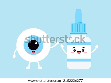 Cute eyeball with eye drop liquid bottle character isolated on background. Happy kawaii medicine mascot set. Flat design cartoon style vector illustration.