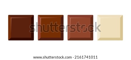 Square chocolate piece vector icon set. Yummy dark black, bitter, milky and white choco chunk snack. Flat design cartoon style cacao sweet food morsel clip art illustration.