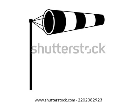 Windsock wind speed black simple vector illustration. Black and white stripe wind cone on pole for airport relative ground wind force and speed indication. Flat design pictogram.