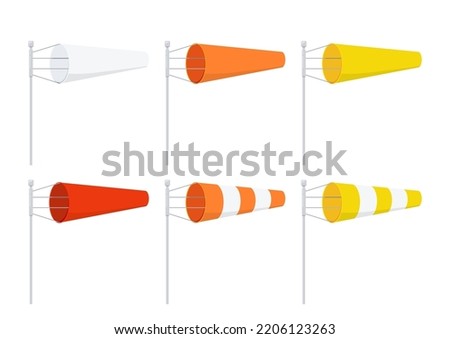 Windsock on pole airport wind speed icon vector illustration. Weather standard orange yelloy and white stripe wind cone ground wind force and speed indication. Flat design cartoon style illustration.