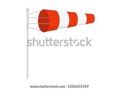 Windsock signal wind speed flag vector illustration. Weather orange and white stripe wind cone for airport ground wind force and speed indication on metal frame. Flat design cartoon illustration.